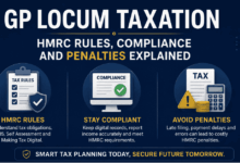 Infographic showing GP locum taxation with HMRC rules, tax compliance requirements, and penalty avoidance on a navy blue background with illustrated tax icons.