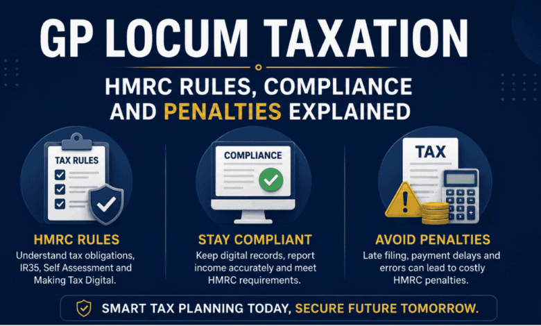 Infographic showing GP locum taxation with HMRC rules, tax compliance requirements, and penalty avoidance on a navy blue background with illustrated tax icons.