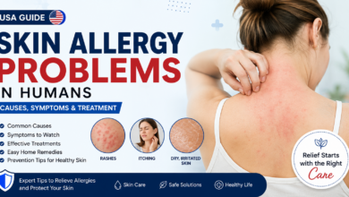 human skin allergy problems with red itchy rash, irritation, and symptoms showing causes and treatment guide in the USA