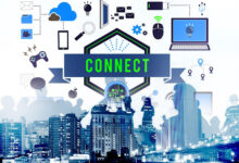 A digital graphic centered on the word "CONNECT," showcasing a communication infrastructure of network lines, data nodes, and microchip icons linking various electronic devices over a blue-toned city skyline and human silhouettes.