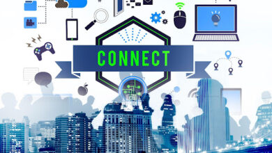 A digital graphic centered on the word "CONNECT," showcasing a communication infrastructure of network lines, data nodes, and microchip icons linking various electronic devices over a blue-toned city skyline and human silhouettes.