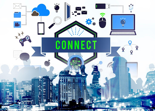 A digital graphic centered on the word "CONNECT," showcasing a communication infrastructure of network lines, data nodes, and microchip icons linking various electronic devices over a blue-toned city skyline and human silhouettes.